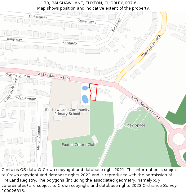 70, BALSHAW LANE, EUXTON, CHORLEY, PR7 6HU: Location map and indicative extent of plot