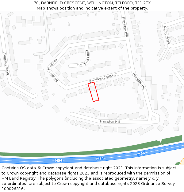 70, BARNFIELD CRESCENT, WELLINGTON, TELFORD, TF1 2EX: Location map and indicative extent of plot