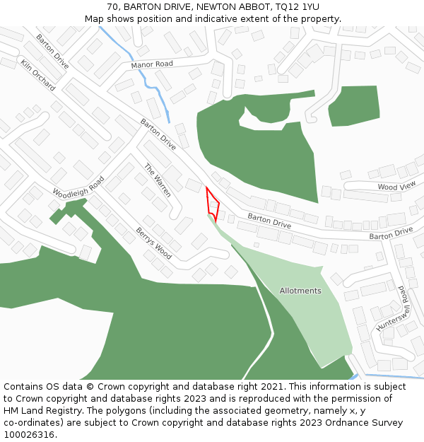 70, BARTON DRIVE, NEWTON ABBOT, TQ12 1YU: Location map and indicative extent of plot