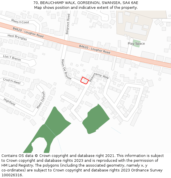 70, BEAUCHAMP WALK, GORSEINON, SWANSEA, SA4 6AE: Location map and indicative extent of plot