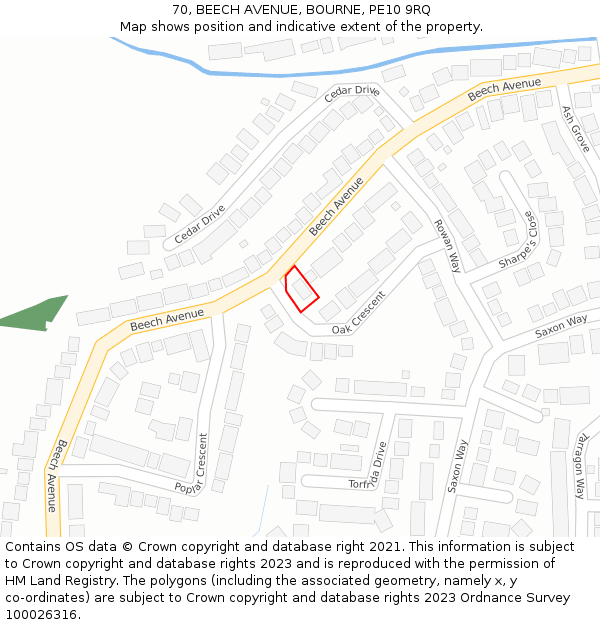 70, BEECH AVENUE, BOURNE, PE10 9RQ: Location map and indicative extent of plot