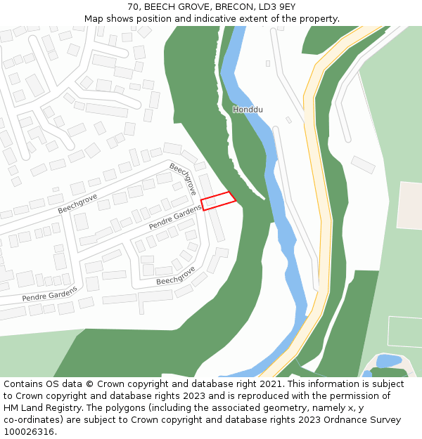 70, BEECH GROVE, BRECON, LD3 9EY: Location map and indicative extent of plot