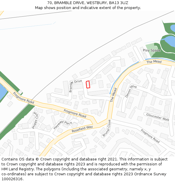 70, BRAMBLE DRIVE, WESTBURY, BA13 3UZ: Location map and indicative extent of plot