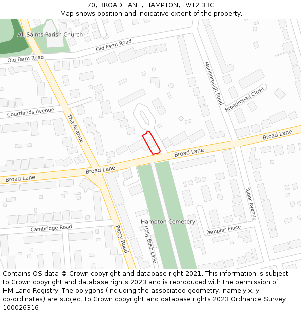 70, BROAD LANE, HAMPTON, TW12 3BG: Location map and indicative extent of plot