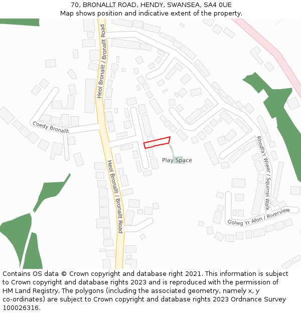 70, BRONALLT ROAD, HENDY, SWANSEA, SA4 0UE: Location map and indicative extent of plot