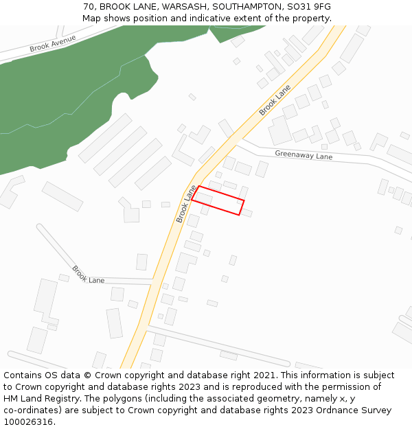 70, BROOK LANE, WARSASH, SOUTHAMPTON, SO31 9FG: Location map and indicative extent of plot