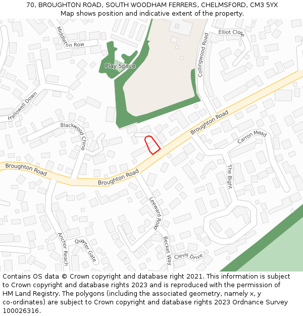70, BROUGHTON ROAD, SOUTH WOODHAM FERRERS, CHELMSFORD, CM3 5YX: Location map and indicative extent of plot