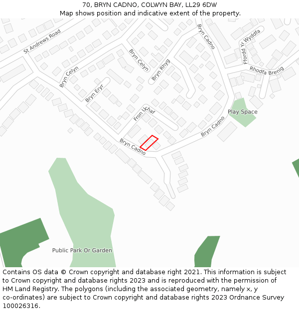 70, BRYN CADNO, COLWYN BAY, LL29 6DW: Location map and indicative extent of plot