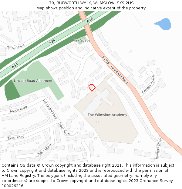 70, BUDWORTH WALK, WILMSLOW, SK9 2HS: Location map and indicative extent of plot
