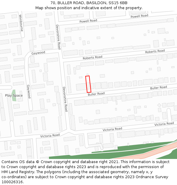 70, BULLER ROAD, BASILDON, SS15 6BB: Location map and indicative extent of plot