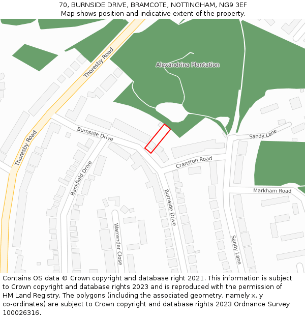 70, BURNSIDE DRIVE, BRAMCOTE, NOTTINGHAM, NG9 3EF: Location map and indicative extent of plot