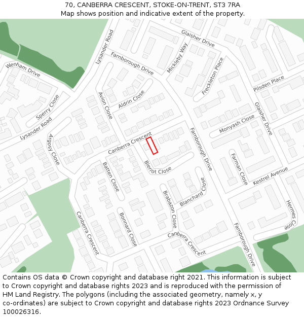 70, CANBERRA CRESCENT, STOKE-ON-TRENT, ST3 7RA: Location map and indicative extent of plot