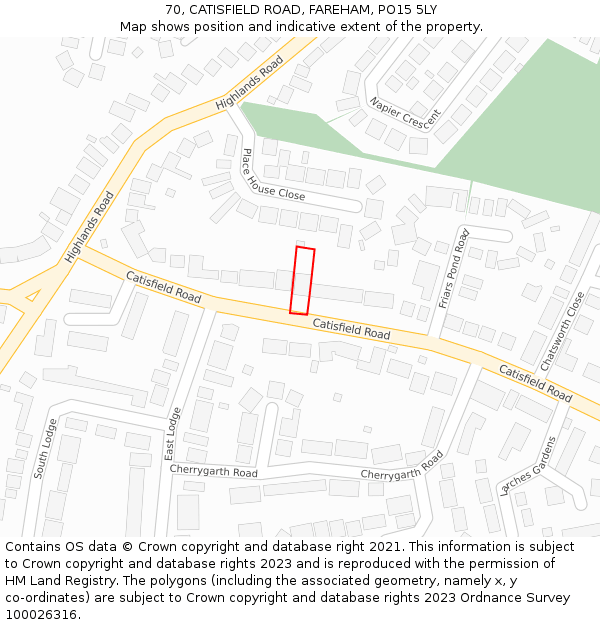 70, CATISFIELD ROAD, FAREHAM, PO15 5LY: Location map and indicative extent of plot