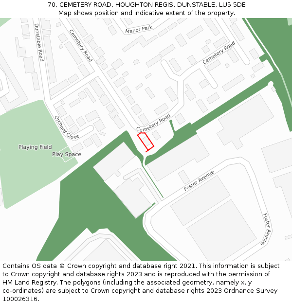 70, CEMETERY ROAD, HOUGHTON REGIS, DUNSTABLE, LU5 5DE: Location map and indicative extent of plot