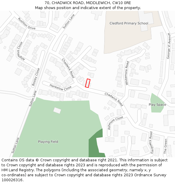 70, CHADWICK ROAD, MIDDLEWICH, CW10 0RE: Location map and indicative extent of plot