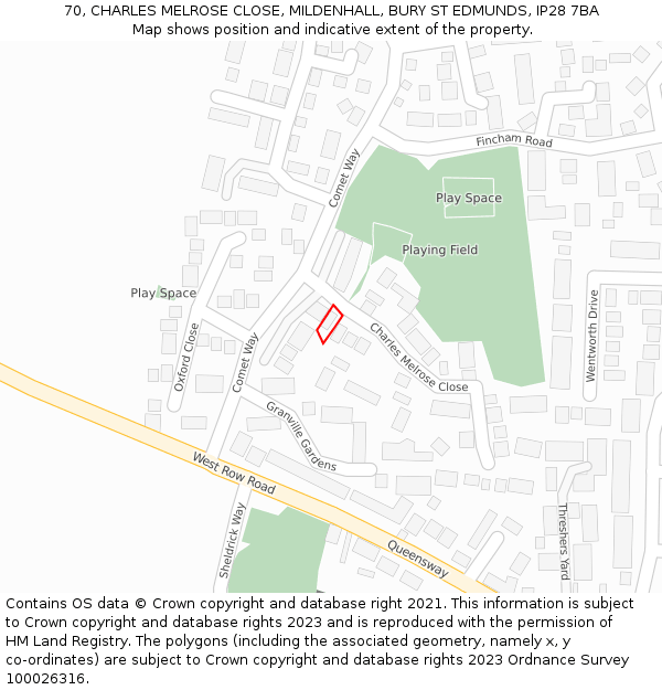 70, CHARLES MELROSE CLOSE, MILDENHALL, BURY ST EDMUNDS, IP28 7BA: Location map and indicative extent of plot