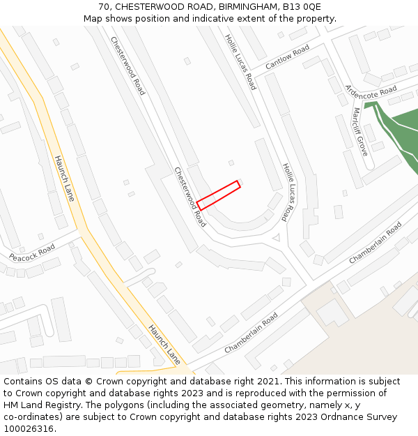 70, CHESTERWOOD ROAD, BIRMINGHAM, B13 0QE: Location map and indicative extent of plot