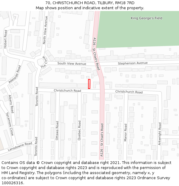 70, CHRISTCHURCH ROAD, TILBURY, RM18 7RD: Location map and indicative extent of plot