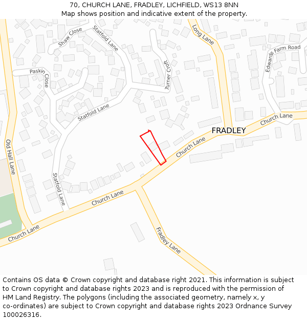 70, CHURCH LANE, FRADLEY, LICHFIELD, WS13 8NN: Location map and indicative extent of plot