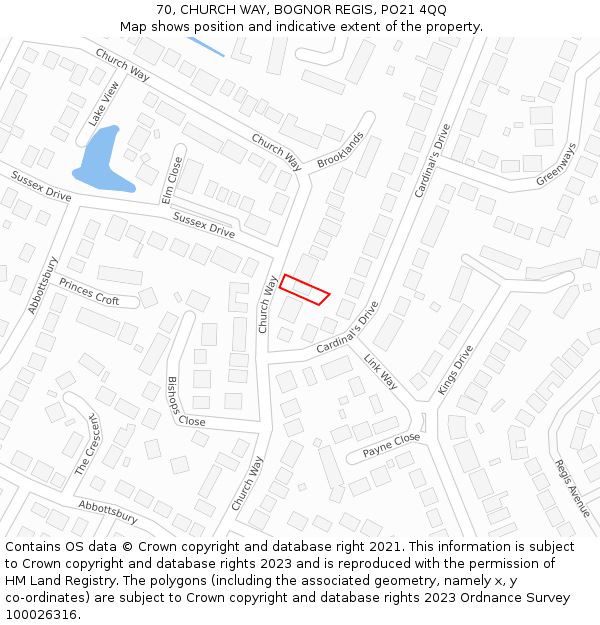 70, CHURCH WAY, BOGNOR REGIS, PO21 4QQ: Location map and indicative extent of plot