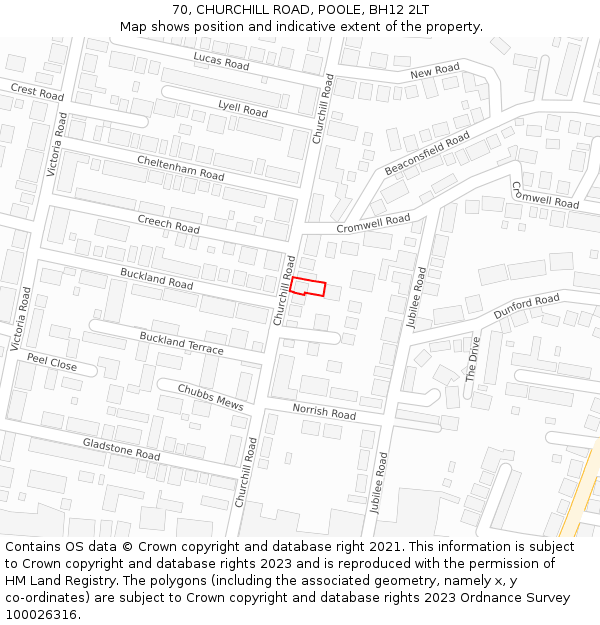 70, CHURCHILL ROAD, POOLE, BH12 2LT: Location map and indicative extent of plot