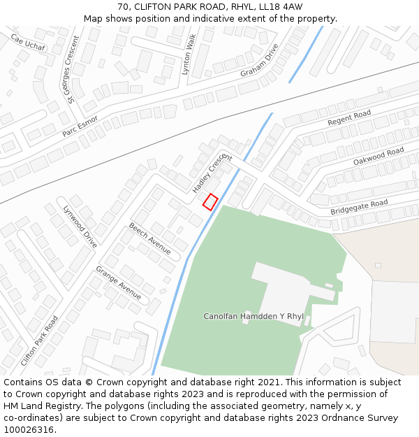 70, CLIFTON PARK ROAD, RHYL, LL18 4AW: Location map and indicative extent of plot