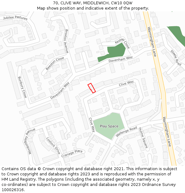 70, CLIVE WAY, MIDDLEWICH, CW10 0QW: Location map and indicative extent of plot