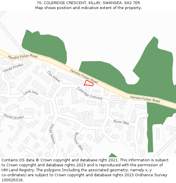 70, COLERIDGE CRESCENT, KILLAY, SWANSEA, SA2 7ER: Location map and indicative extent of plot