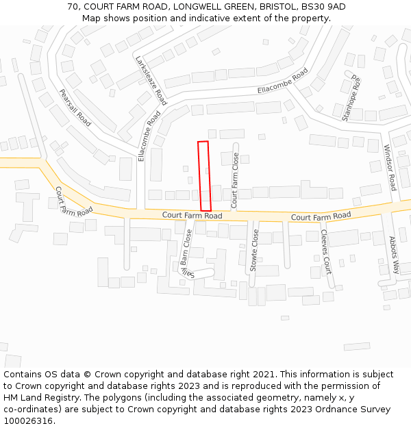 70, COURT FARM ROAD, LONGWELL GREEN, BRISTOL, BS30 9AD: Location map and indicative extent of plot