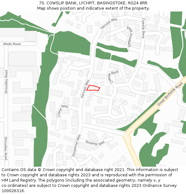 70, COWSLIP BANK, LYCHPIT, BASINGSTOKE, RG24 8RR: Location map and indicative extent of plot