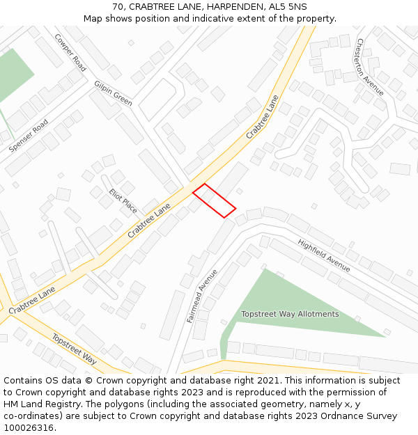 70, CRABTREE LANE, HARPENDEN, AL5 5NS: Location map and indicative extent of plot
