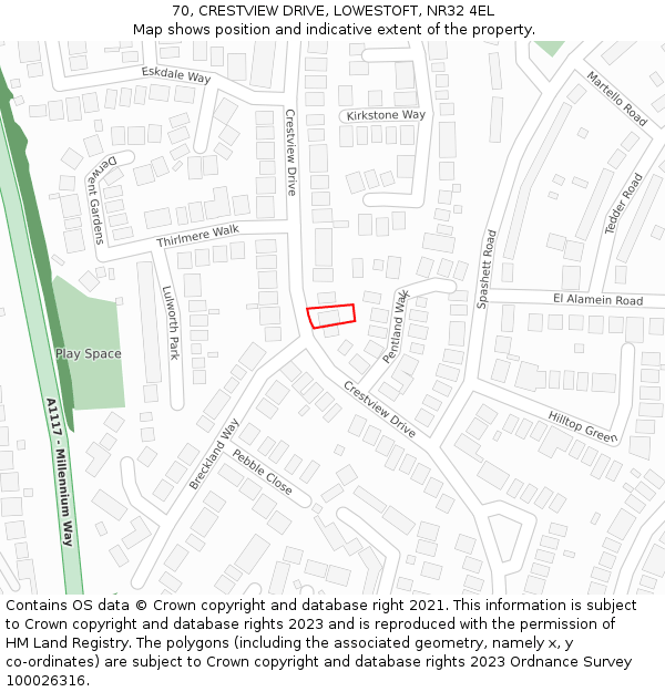 70, CRESTVIEW DRIVE, LOWESTOFT, NR32 4EL: Location map and indicative extent of plot
