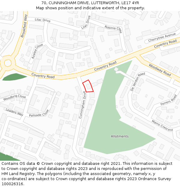 70, CUNNINGHAM DRIVE, LUTTERWORTH, LE17 4YR: Location map and indicative extent of plot