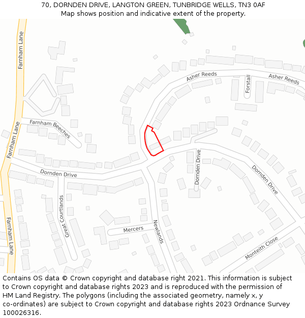 70, DORNDEN DRIVE, LANGTON GREEN, TUNBRIDGE WELLS, TN3 0AF: Location map and indicative extent of plot