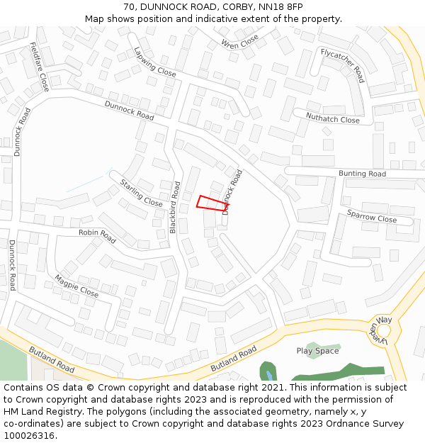 70, DUNNOCK ROAD, CORBY, NN18 8FP: Location map and indicative extent of plot