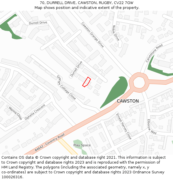 70, DURRELL DRIVE, CAWSTON, RUGBY, CV22 7GW: Location map and indicative extent of plot