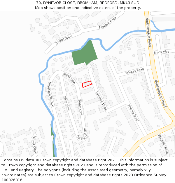 70, DYNEVOR CLOSE, BROMHAM, BEDFORD, MK43 8UD: Location map and indicative extent of plot