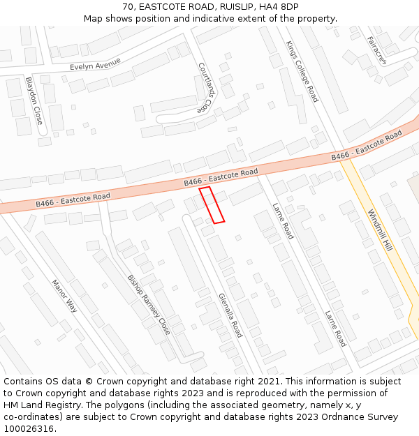 70, EASTCOTE ROAD, RUISLIP, HA4 8DP: Location map and indicative extent of plot