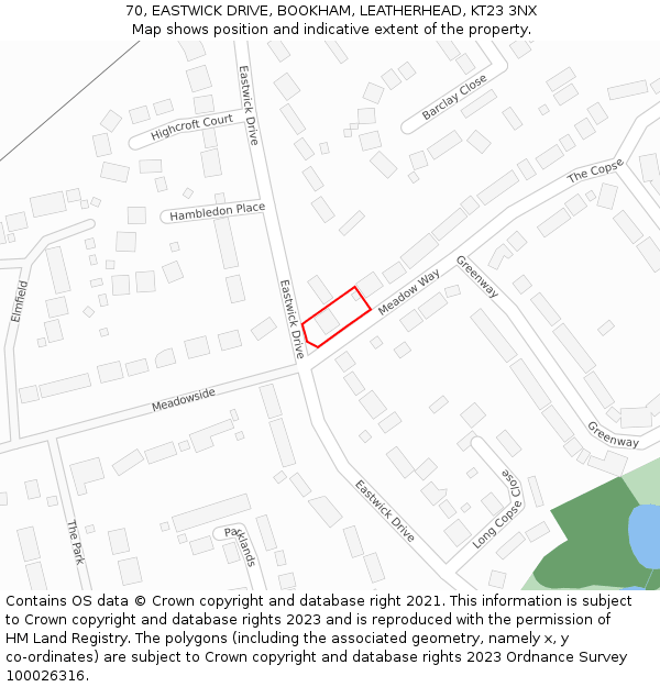 70, EASTWICK DRIVE, BOOKHAM, LEATHERHEAD, KT23 3NX: Location map and indicative extent of plot