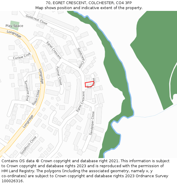 70, EGRET CRESCENT, COLCHESTER, CO4 3FP: Location map and indicative extent of plot