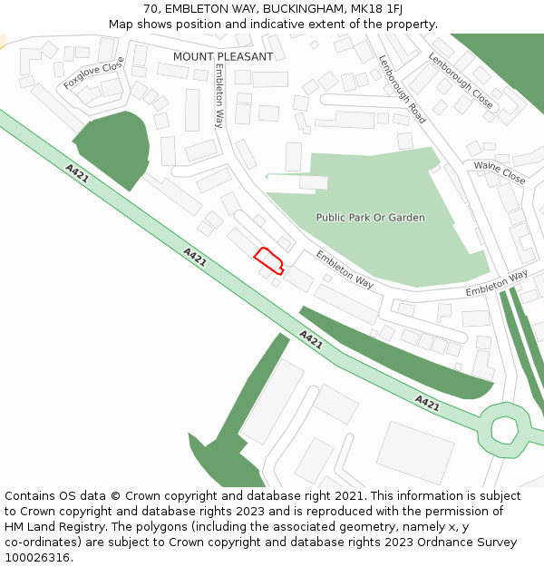 70, EMBLETON WAY, BUCKINGHAM, MK18 1FJ: Location map and indicative extent of plot