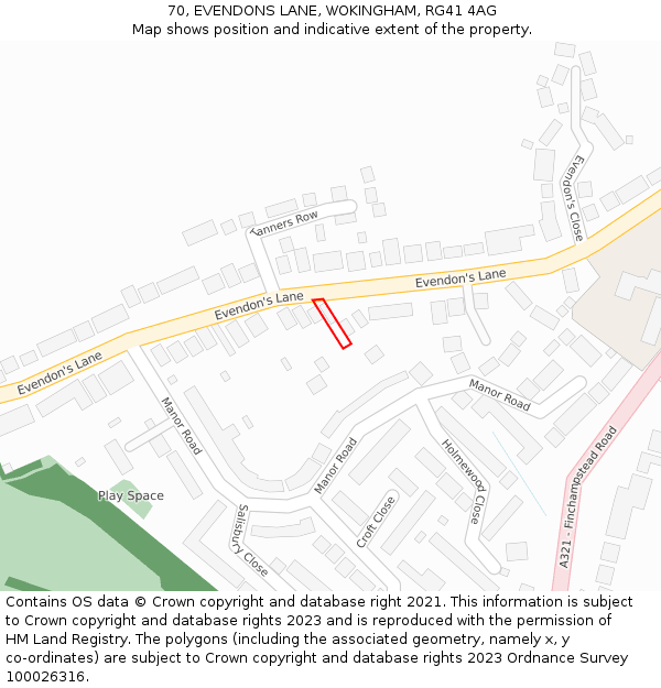 70, EVENDONS LANE, WOKINGHAM, RG41 4AG: Location map and indicative extent of plot