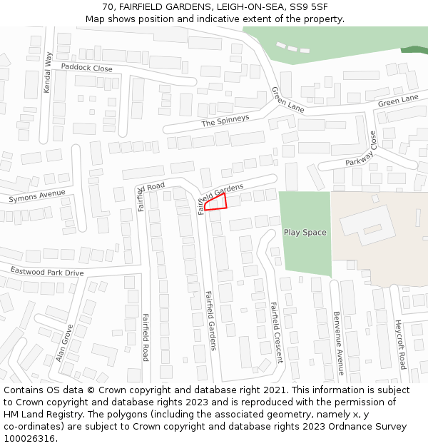 70, FAIRFIELD GARDENS, LEIGH-ON-SEA, SS9 5SF: Location map and indicative extent of plot