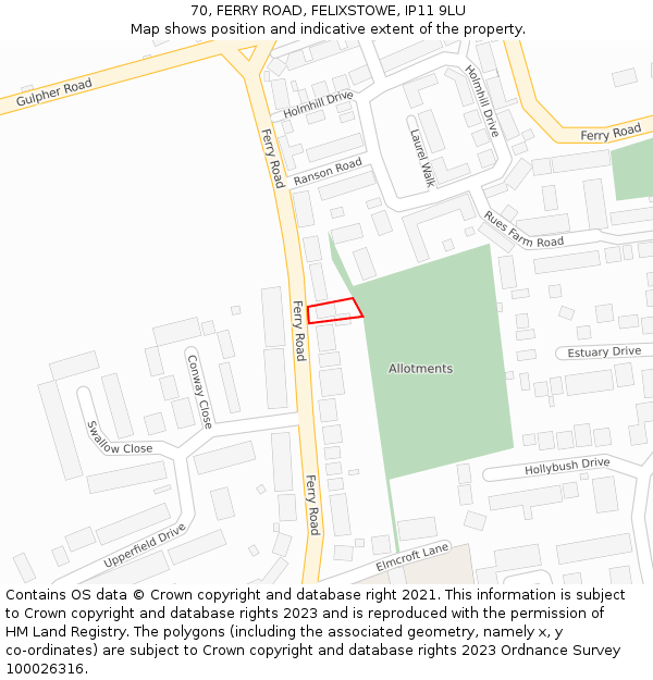 70, FERRY ROAD, FELIXSTOWE, IP11 9LU: Location map and indicative extent of plot