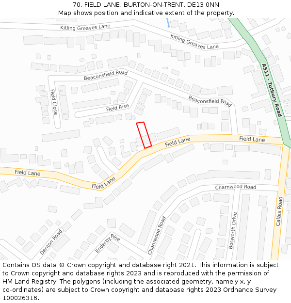 70, FIELD LANE, BURTON-ON-TRENT, DE13 0NN: Location map and indicative extent of plot