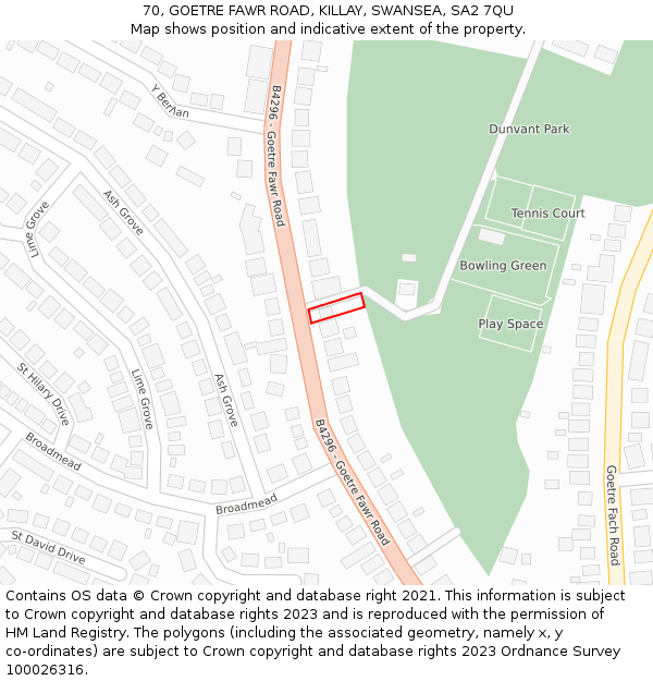 70, GOETRE FAWR ROAD, KILLAY, SWANSEA, SA2 7QU: Location map and indicative extent of plot