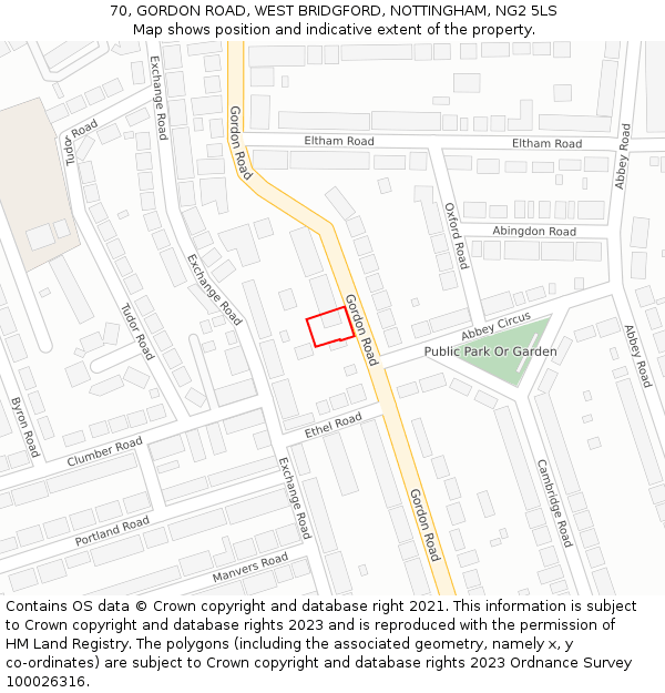 70, GORDON ROAD, WEST BRIDGFORD, NOTTINGHAM, NG2 5LS: Location map and indicative extent of plot