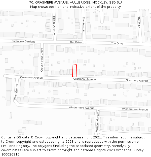 70, GRASMERE AVENUE, HULLBRIDGE, HOCKLEY, SS5 6LF: Location map and indicative extent of plot