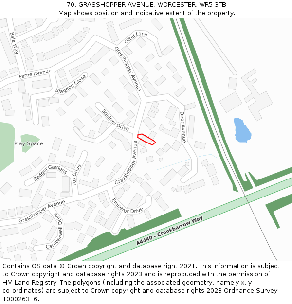 70, GRASSHOPPER AVENUE, WORCESTER, WR5 3TB: Location map and indicative extent of plot