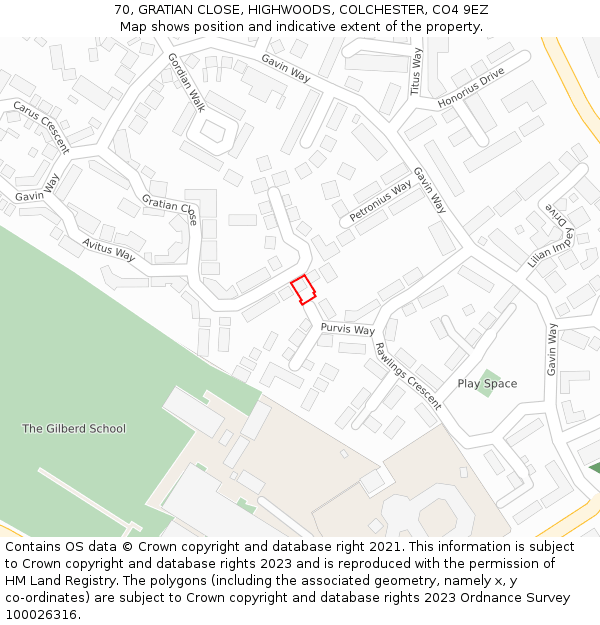 70, GRATIAN CLOSE, HIGHWOODS, COLCHESTER, CO4 9EZ: Location map and indicative extent of plot